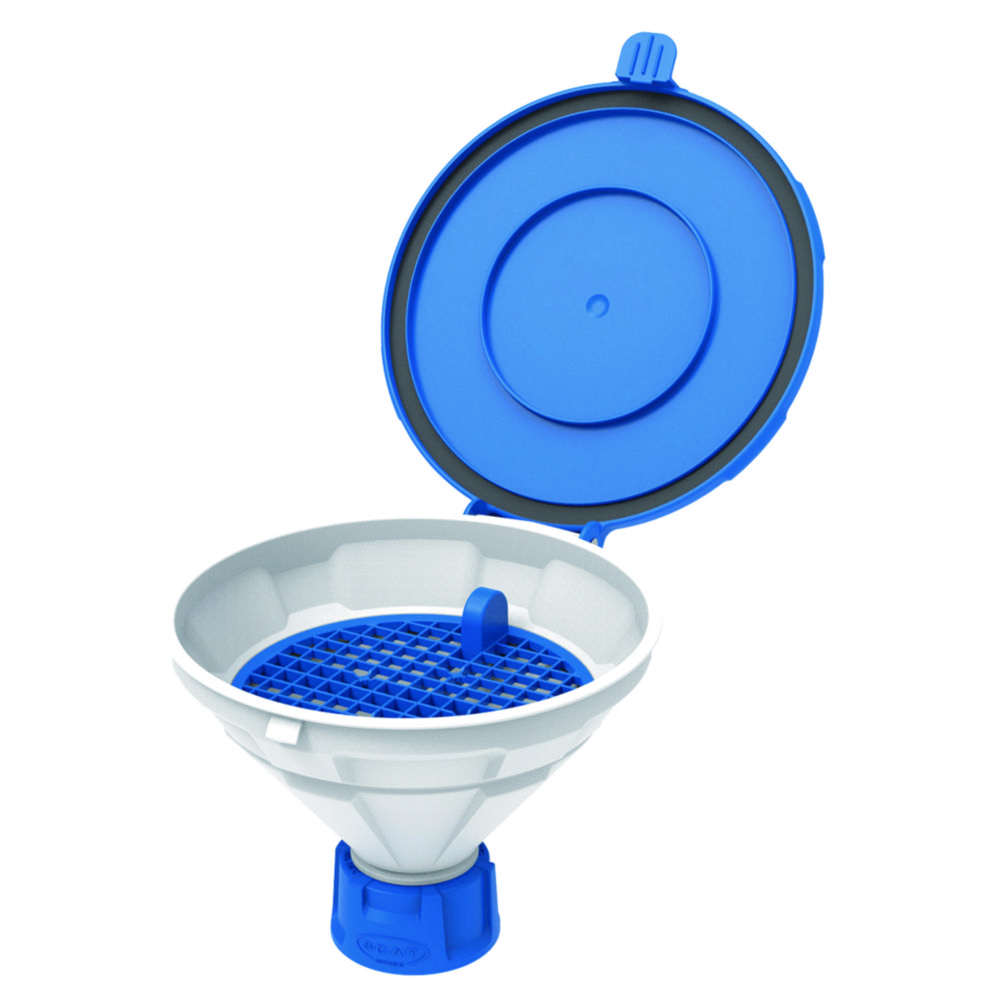 Safety funnels with hinged lid, V2.0, white/blue, HDPE